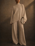 Women Knit Turtleneck Asymmetric Wide Leg Pants 2 Piece Set