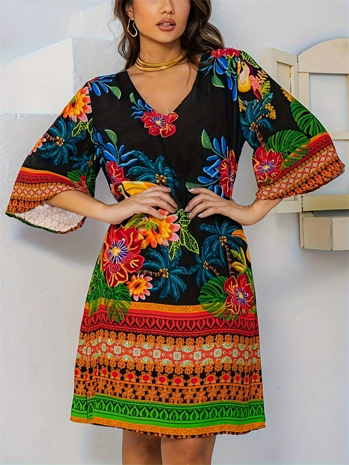 Women's Summer Ethnic Style Print Contrast Color V Neck Knee Length Dress