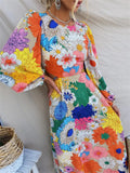 Ladies Flowers Print Round Neck Lace-up Dresses