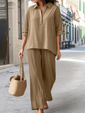 Women's 2Pcs Solid Color Casual Lapel Long Sleeve Shirt &Pants Set