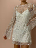Lady See Through Matching Sets Mesh Sequin Pearl Dresses