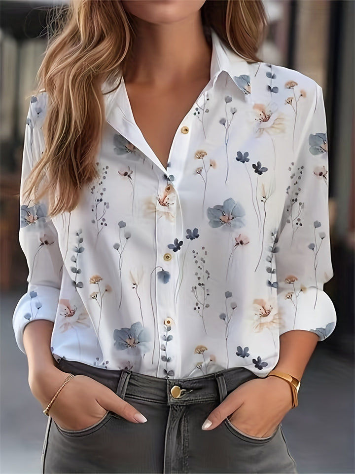 Women's Elegant White Printed Button Up Lapel Long Sleeve Blouses