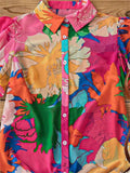 Women's Trendy Contrast Color Flowers Printed Lapel Short Sleeve Blouses