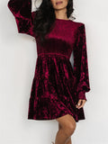 Women's Elegant Velvet Ruffle Round Neck Balloon Sleeve Dress