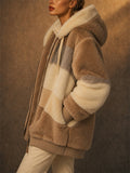 Women Oversized Color Block Fuzzy Sherpa Fleece Zip Hoodie