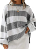 Women's Autumn Round Neck Contrast Color Striped Flare Sleeve Sweaters