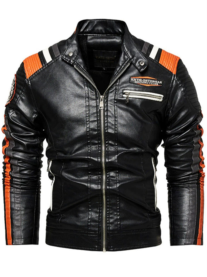 Men's Contrast Color Striped Faux Leather Jacket Winter Casual Motorcycle Style