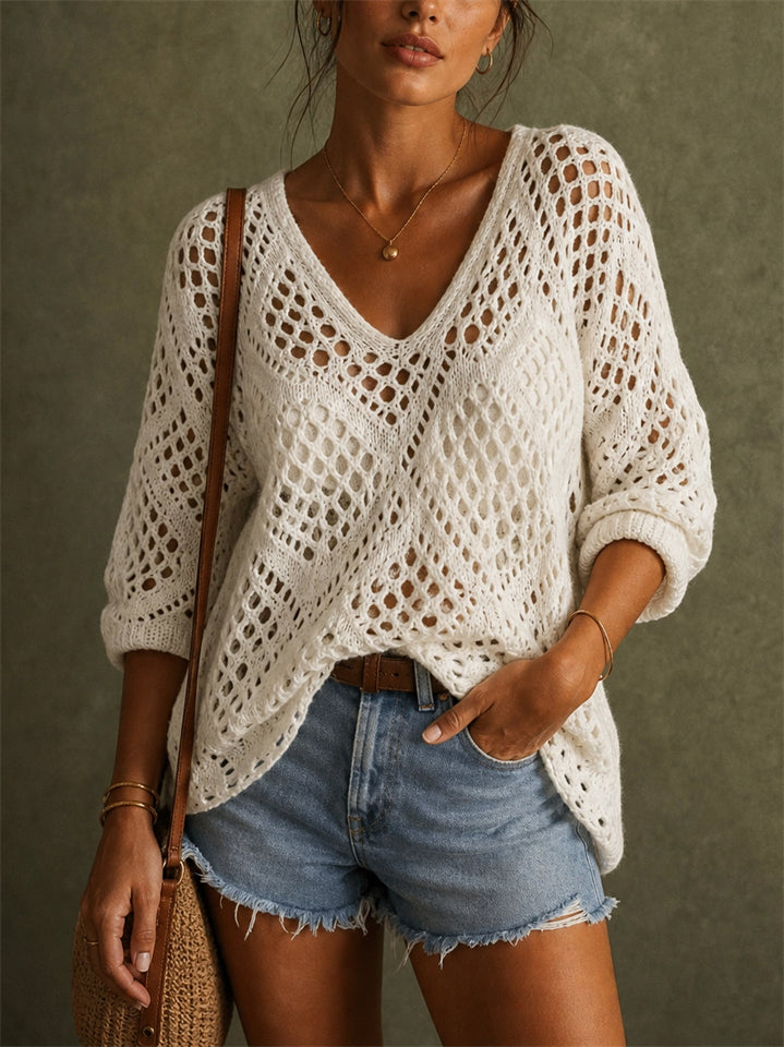 Women V Neck Crochet Knit Sweater Hollow Out Boho Beach Top
