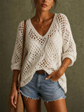 Women V Neck Crochet Knit Sweater Hollow Out Boho Beach Top
