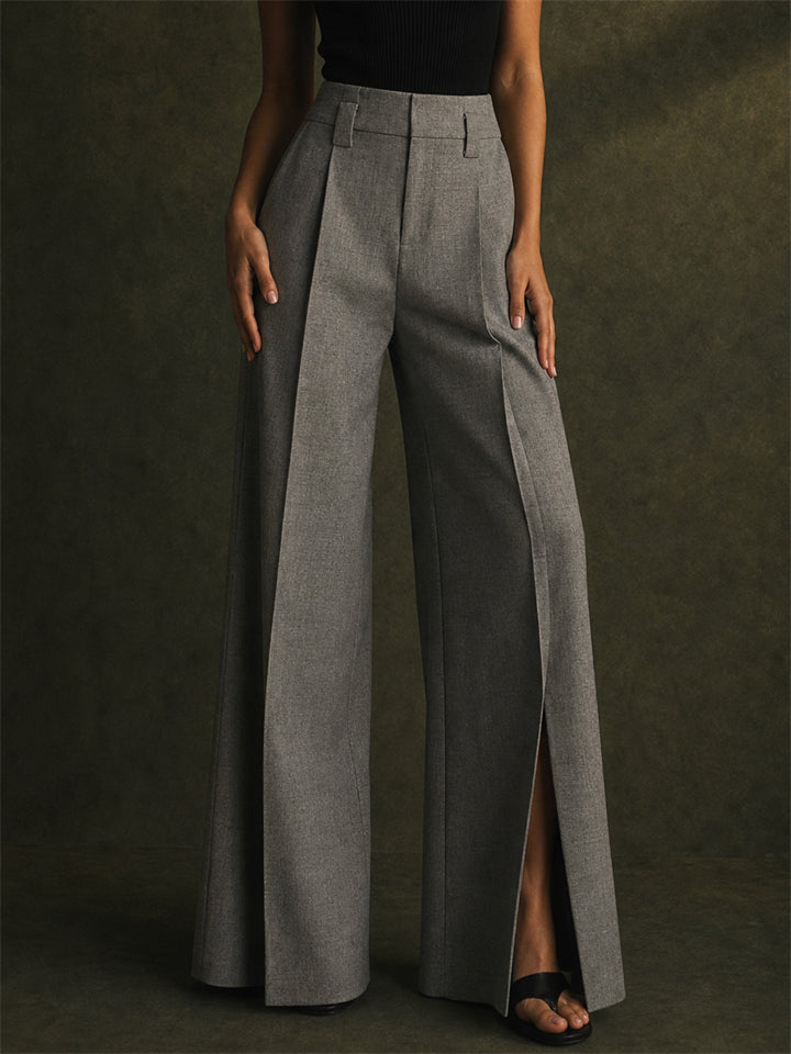 Women Chic High Waist Slit Wide Leg Pants Office Trousers