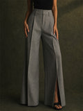 Women Chic High Waist Slit Wide Leg Pants Office Trousers