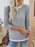 Women Simple Pullover Patchwork Collar Long Sleeve Knit Top