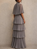 Womens Taupe High Neck Cape Pleated Tiered Evening Maxi Dress