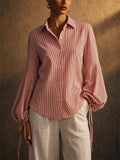 Women Red Striped Button Down Lantern Puff Sleeve Blouse
