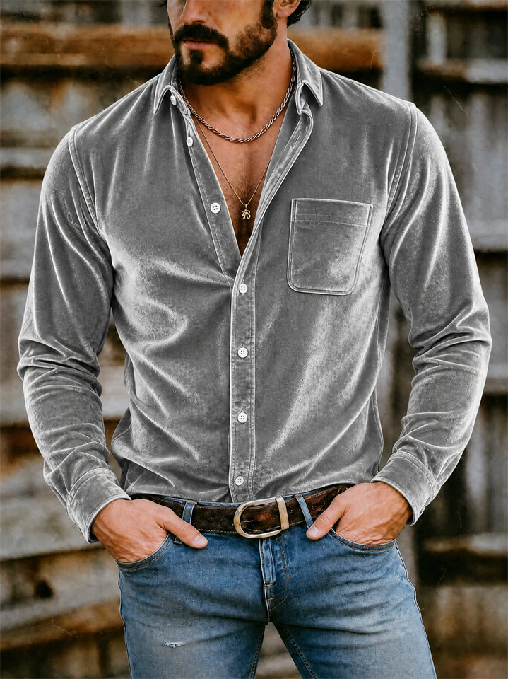 Men's Stylish Lapel Long Sleeve Button-Down Velvet Shirts