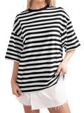 Casual Contrast Color Stripes Round Neck T-shirt for Women