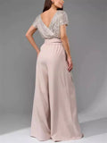 Fashion Sequin Short Sleeve Shirt Wide Leg Jumpsuit for Women