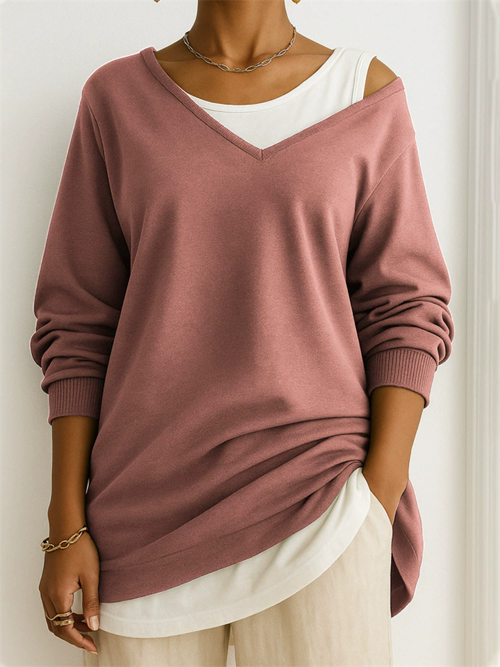 Women's Casual V-neck Long-sleeved Solid Color Pullover Loose Sweatshirts