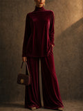 Women Vintage Velvet Turtleneck Top and Wide Leg Pants 2 Piece Lounge Set