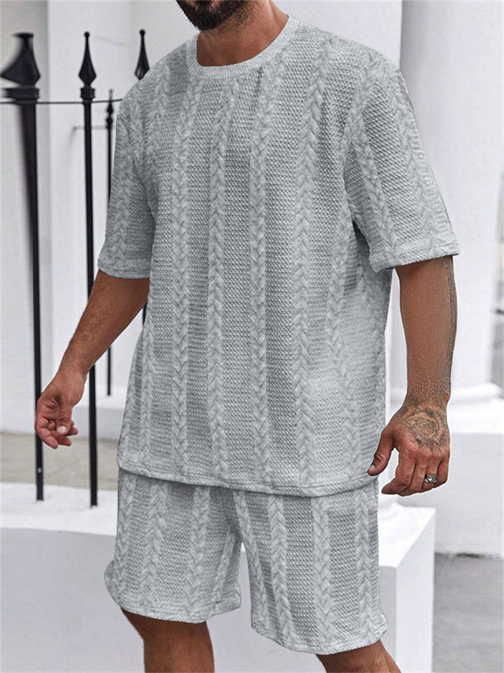Men's Solid Color Jacquard Round Neck Top and Pants Set