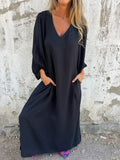 Women's Autumn Casual Loose V-neck Solid Color Lantern Sleeve Dress