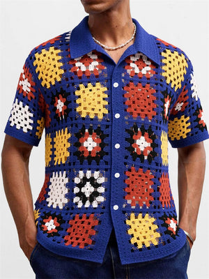 Male's Summer Retro Contrast Color Crochet Button Up Lapel Knitted Shirts
