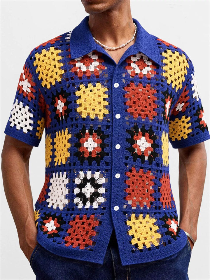 Male's Summer Retro Contrast Color Crochet Button Up Lapel Knitted Shirts