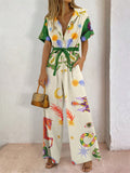 Women's Cozy Linen Print Lapel Half Sleeve Drawstring Jumpsuit