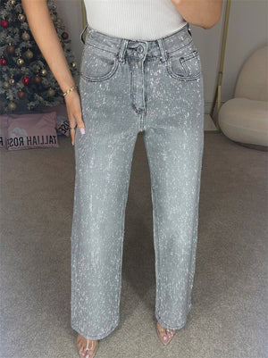 Women's Bling Solid Color High Waist Loose Denim Pants