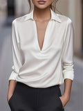 Women's Elegant Autumn Solid Color V Neck Long Sleeve Blouses