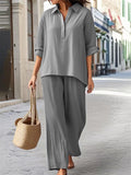 Women's 2Pcs Solid Color Casual Lapel Long Sleeve Shirt &Pants Set