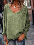 Women's Summer Casual Distressed Solid Color V Neck Long Sleeve Shirts
