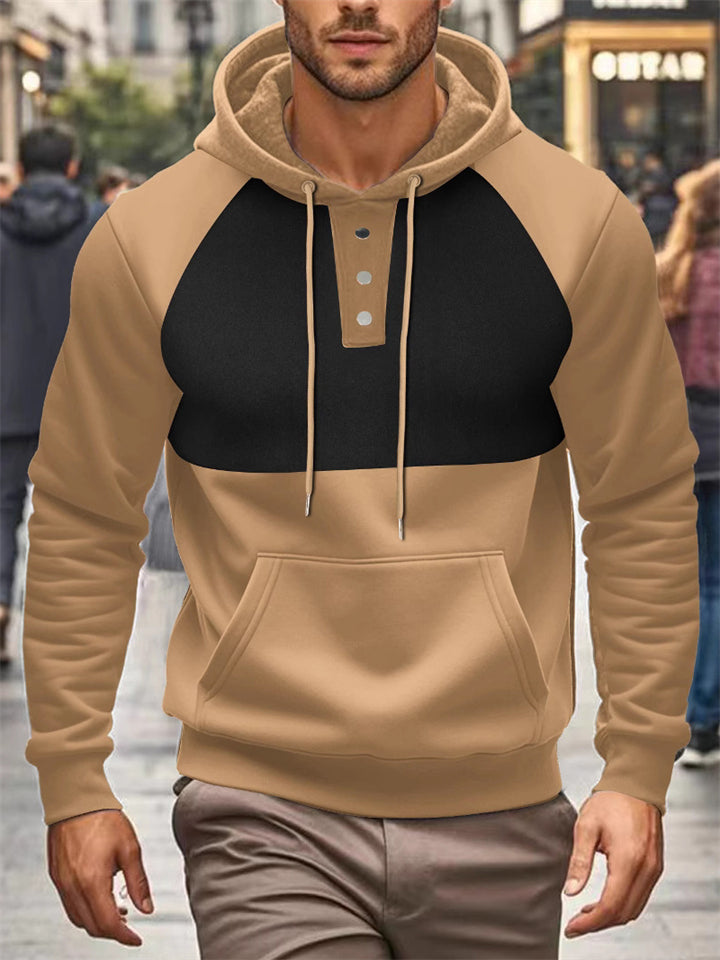 Men's Autumn Fleece Lined Pullover Pockets Block Color Hoodie