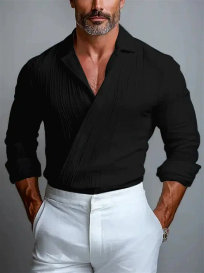 Men's Casual V Neck Pleated Slim Fit Long Sleeve Pullover Shirts