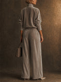 Women Velvet 2 Piece Set Mock Neck Pullover Top and Wide Leg Pants