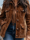‌Women's Vintage Brown Suede Western Style Jacket with Pockets
