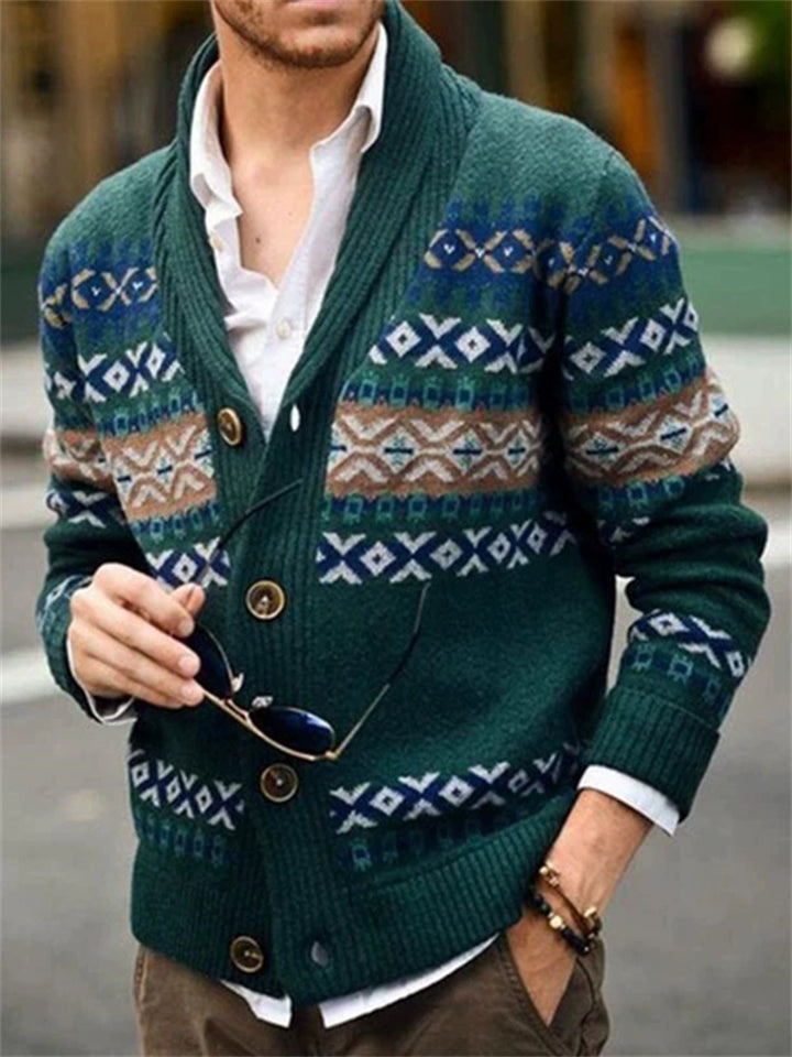 Men's Autumn Green British Style Jacquard Long Sleeve Cardigan Sweater