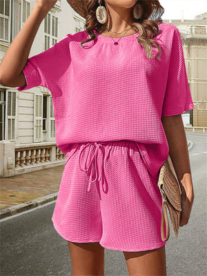 Solid Color Waffle Shirt Drawstring Shorts Female Two Piece Set