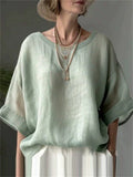 Women's Summer Elegant Solid Color Round Neck Drop Shoulder Shirts