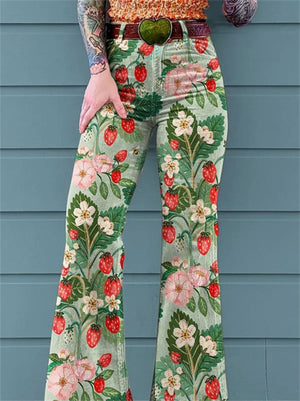 Women's Strawberry Print Mid-Waist Bootcut Jeans