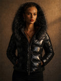 Women Shiny Faux Fur Hood Winter Puffer Parka Coats
