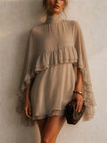 Women 2 Piece Chiffon High Neck Ruffle Mini Dress and Slip Set