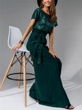 Fashion Sequin Short Sleeve Shirt Wide Leg Jumpsuit for Women