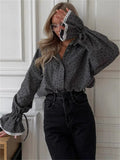 Women's Gray Polka Dot Ruffled Sleeve Blouses with Lace Cuffs