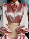 Women's Fashion Button Up Lapel Satin Ruffled Sleeve Blouses