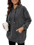‌Womens Denim Distressed Hoodie with kangaroo Pockets‌