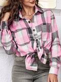 Sweet Pink Plaid Long Sleeve Button Blouse for Women