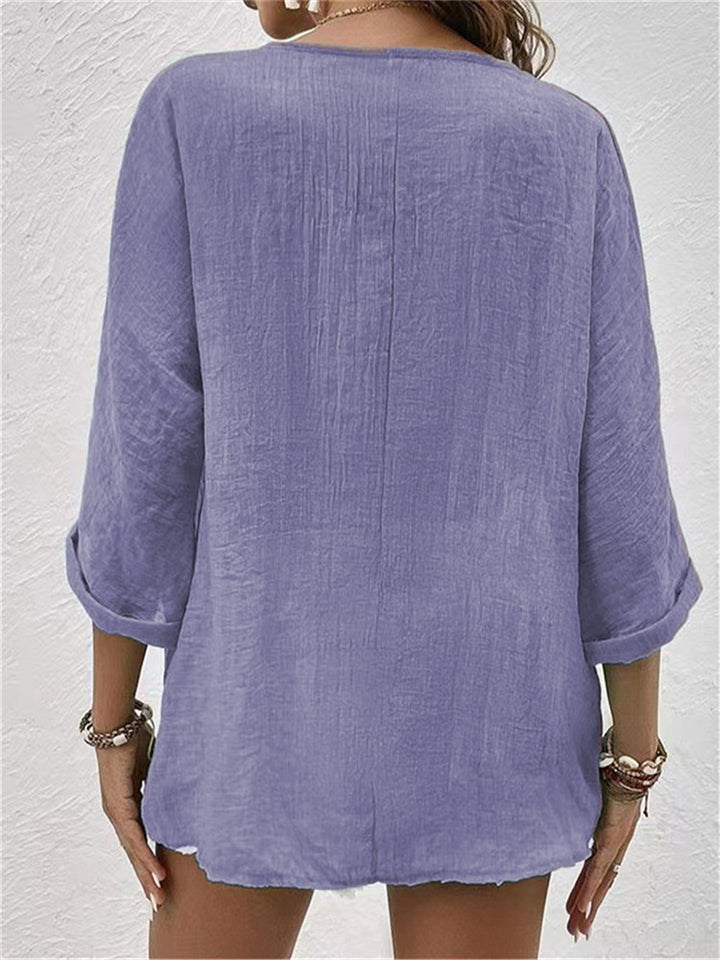 Women's Loose Fit Pullover Button Decoration V-Neck T-shirts