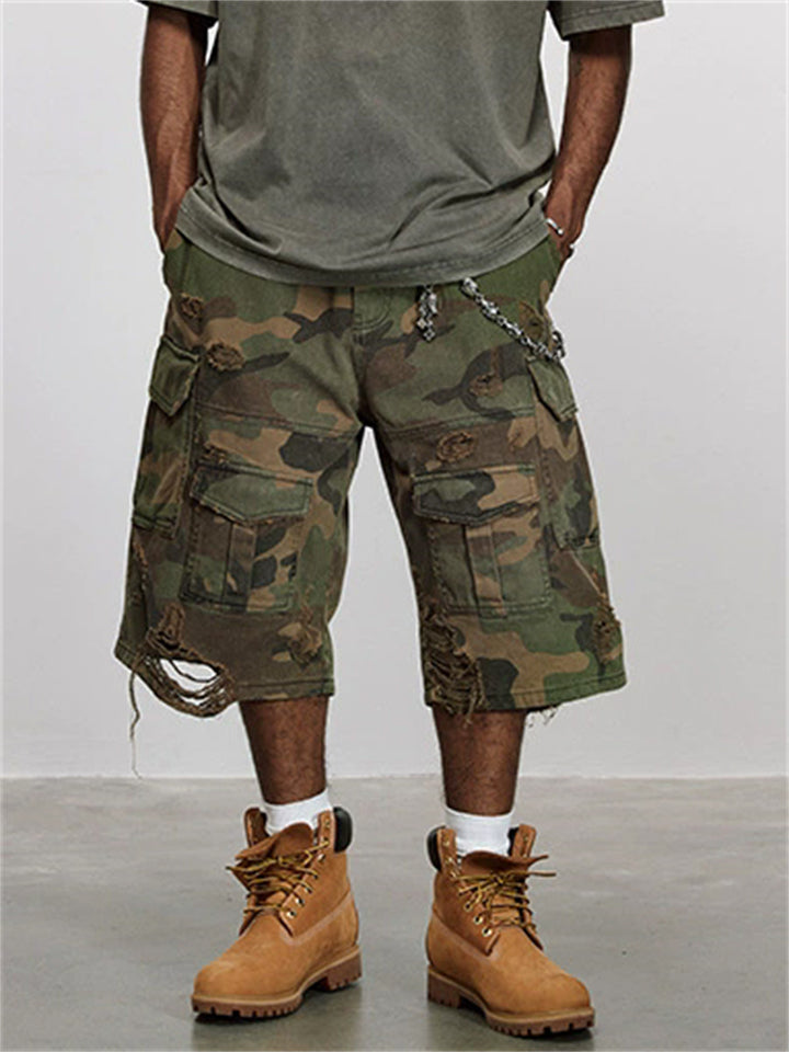 Men's Vintage Camouflage Distressed Ripped Design Cargo Shorts