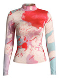 High Neck Painted Style Print Long Sleeve Shirt for Women